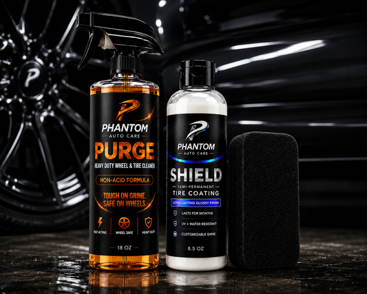 Phantom Wheel & Tire Kit - Purge Heavy Duty Wheel & Tire Cleaner + Shield Semi-Permanent Tire Coating + Applicator Sponge, Non-Acid Formula, Deep Glossy Finish, Lasts for Months