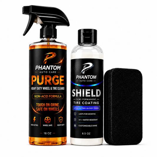 Phantom Wheel & Tire Kit - Purge Heavy Duty Wheel & Tire Cleaner + Shield Semi-Permanent Tire Coating + Applicator Sponge, Non-Acid Formula, Deep Glossy Finish, Lasts for Months